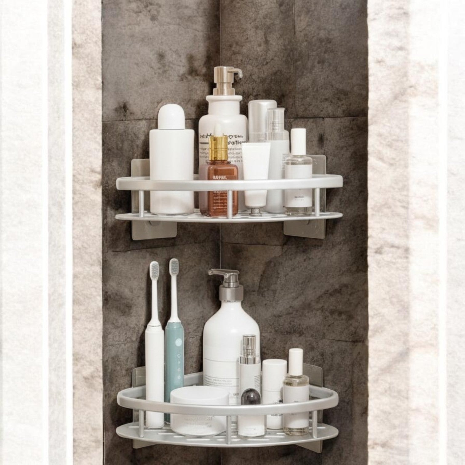 Corner shower caddy with various toiletries on a stone shower wall.