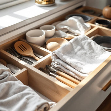 A close, detailed view of a well-organised area in a modern home — such as a neatly arranged kitchen drawer