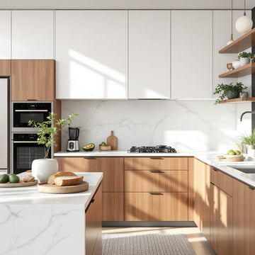 Modern kitchen with wooden cabinets, white countertops, and stainless steel appliances.