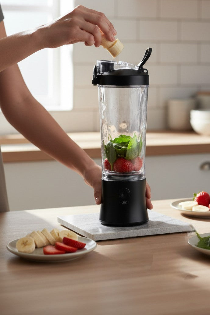 Person preparing a smoothie with a blender on a kitchen counter.
