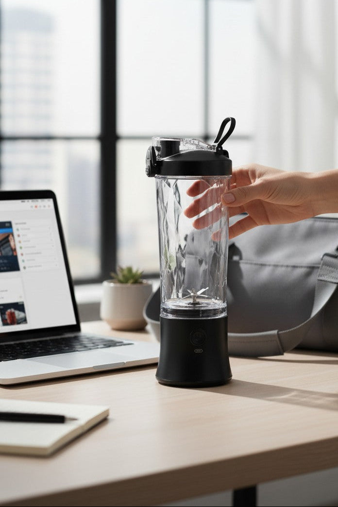 Hand holding a blender on a desk with a laptop and bag in the background