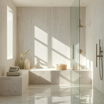 Modern bathroom with a large mirror, bathtub, and decorative elements.