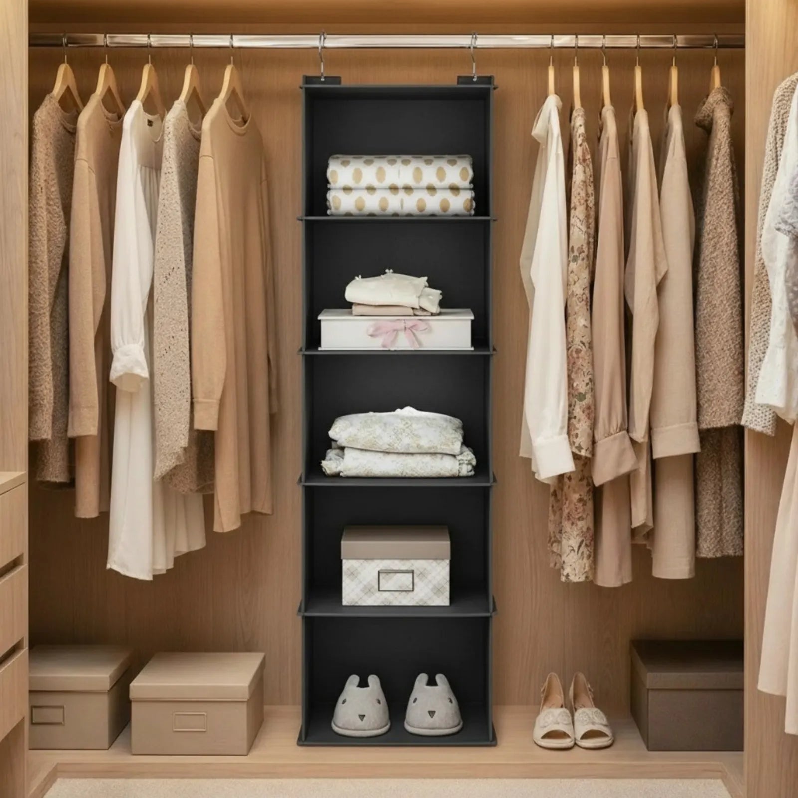 Closet with clothes organizer hanging on racks and shelves with folded garments and boxes.