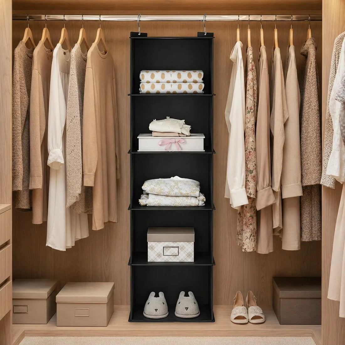 Closet with clothes hanging on racks and shelves with folded garments and boxes.