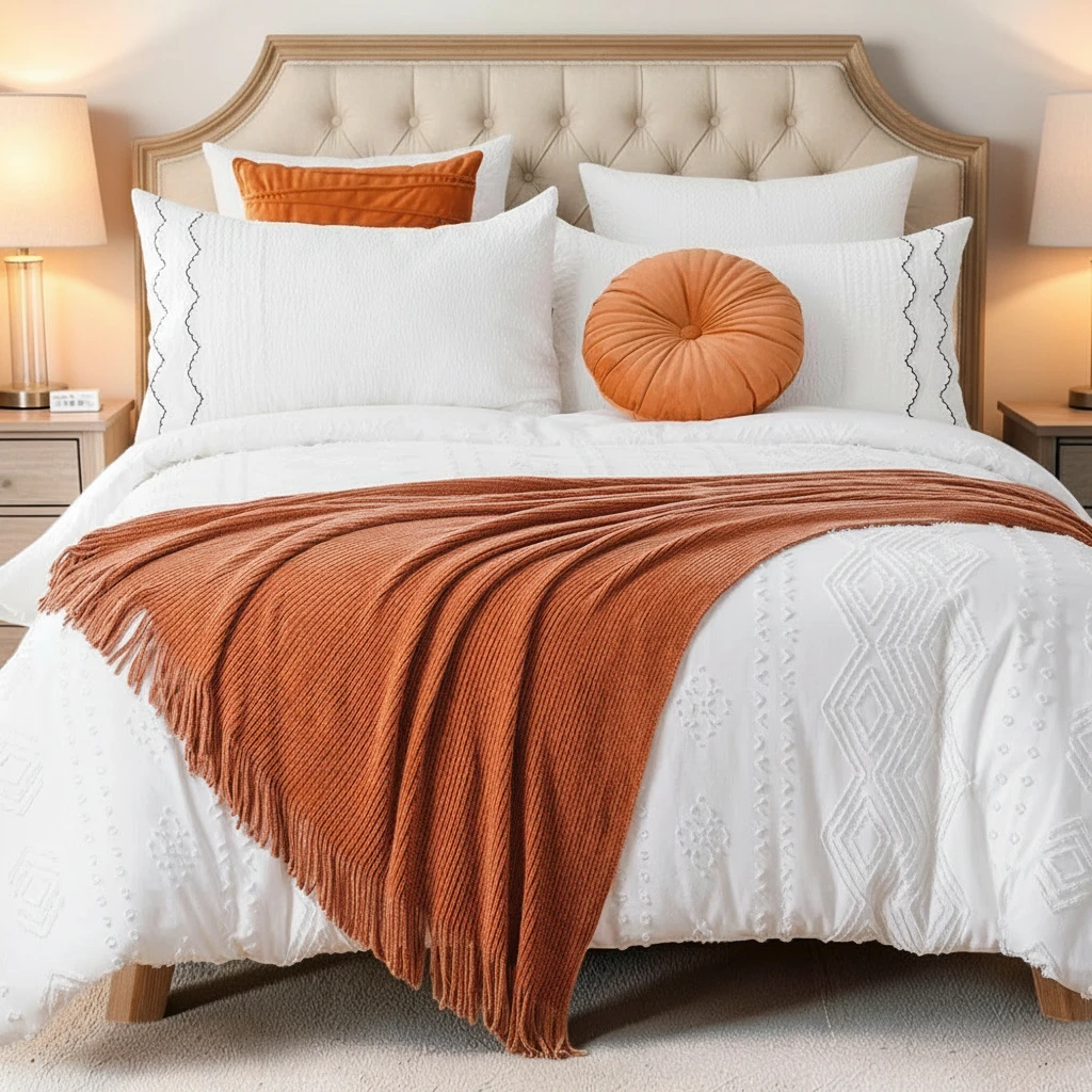 Neatly made bed with white bedding, orange throw blanket, and pillows in a bedroom setting.