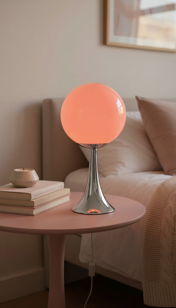 Table lamp with a pink globe shade on a small round table in a cozy room.