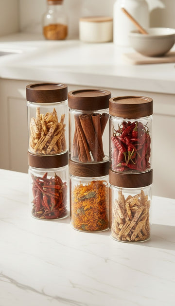Set of glass spice jars with wooden lids on a kitchen counter
