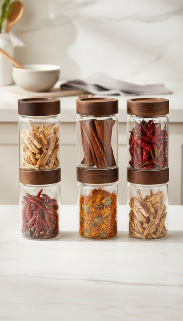 Four glass jars with wooden lids containing various spices on a white surface.