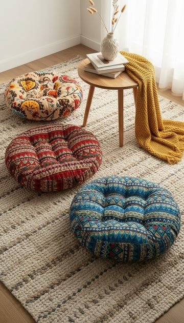 Three colorful round cushions on a textured rug with a small wooden table and decorative items.